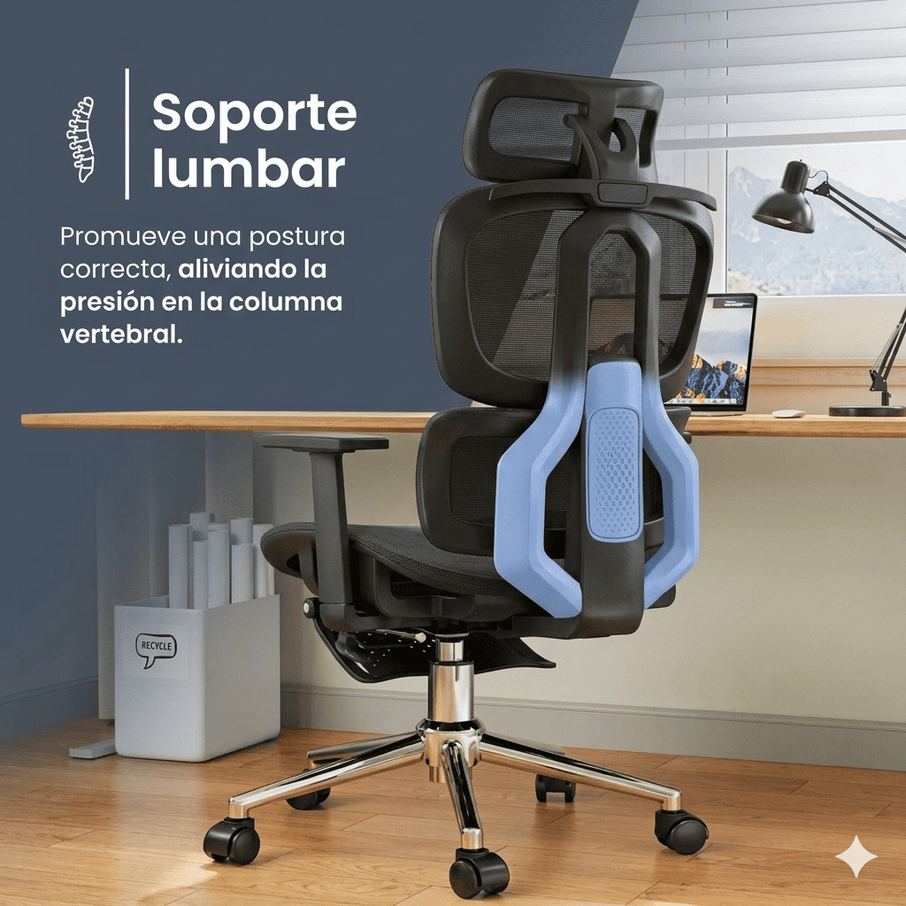 SILLA ERGONÓMICA RECLINABLE PARA OFICINA CON SOPORTE LUMBAR Y REPOSACABEZAS AJUSTABLE - 6