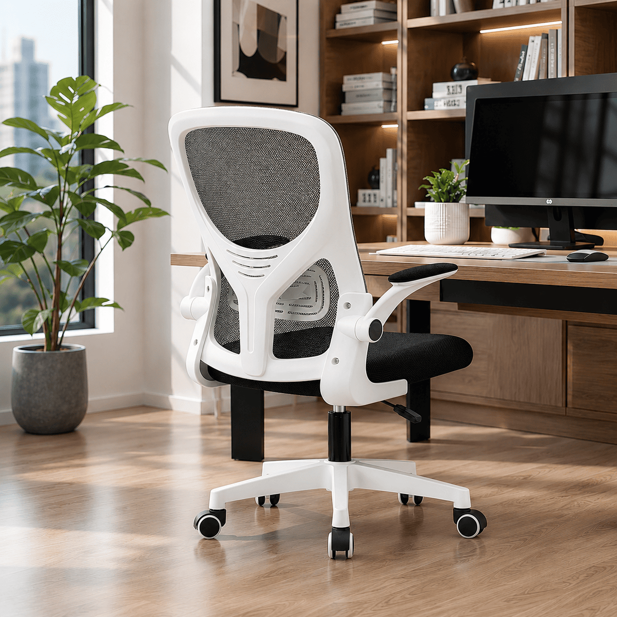 SILLA ERGONÓMICA DE OFICINA CON RESPALDO DE MALLA GIRATORIA AJUSTABLE BLANCO - 1