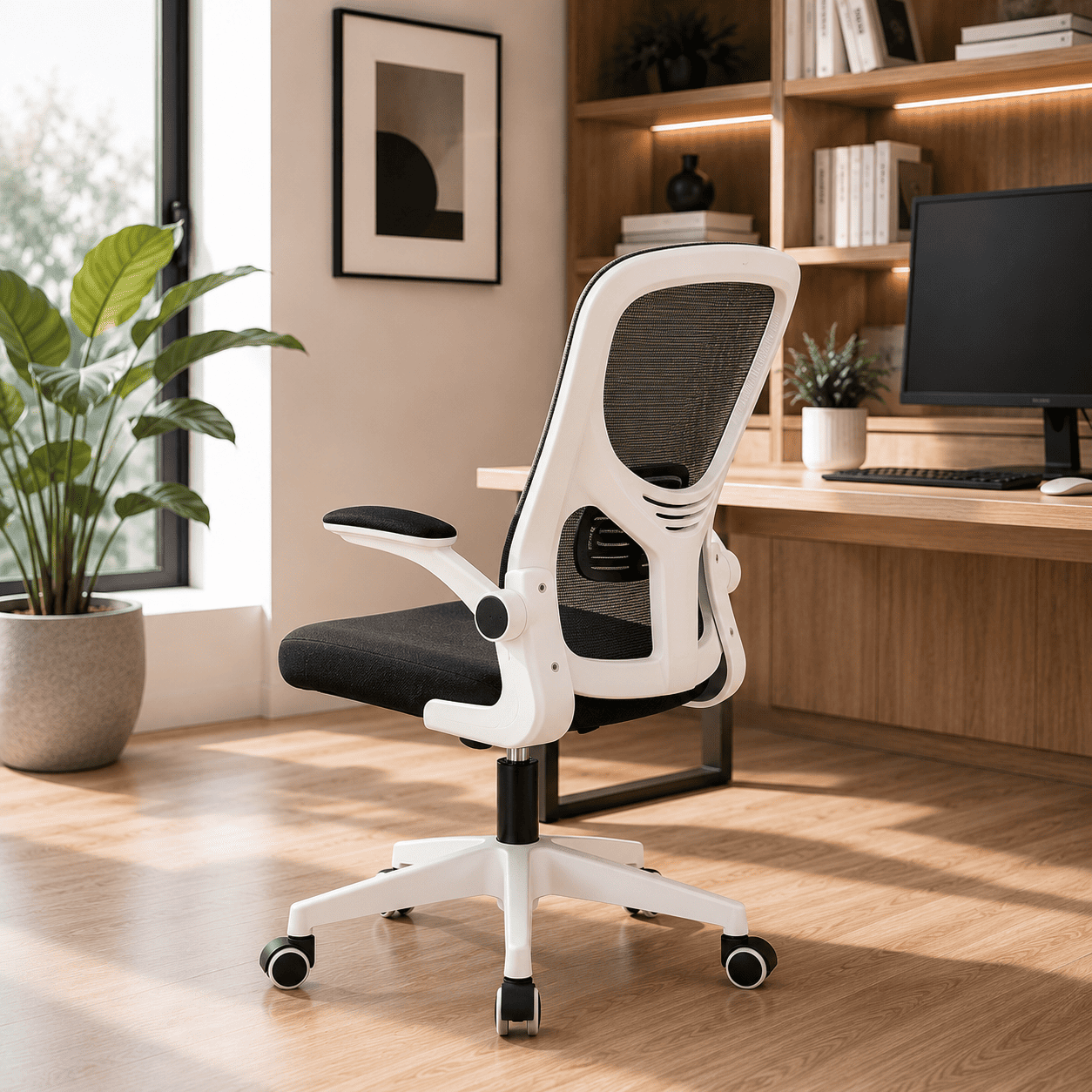 SILLA ERGONÓMICA DE OFICINA CON RESPALDO DE MALLA GIRATORIA AJUSTABLE BLANCO - 2