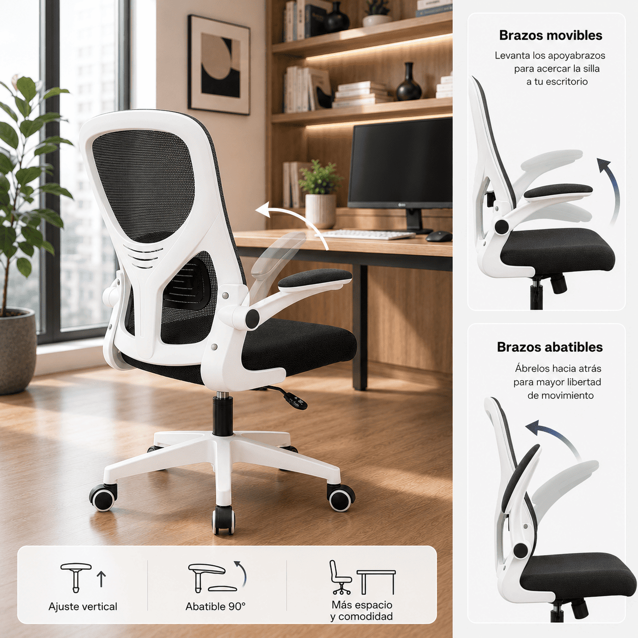 SILLA ERGONÓMICA DE OFICINA CON RESPALDO DE MALLA GIRATORIA AJUSTABLE BLANCO - 3