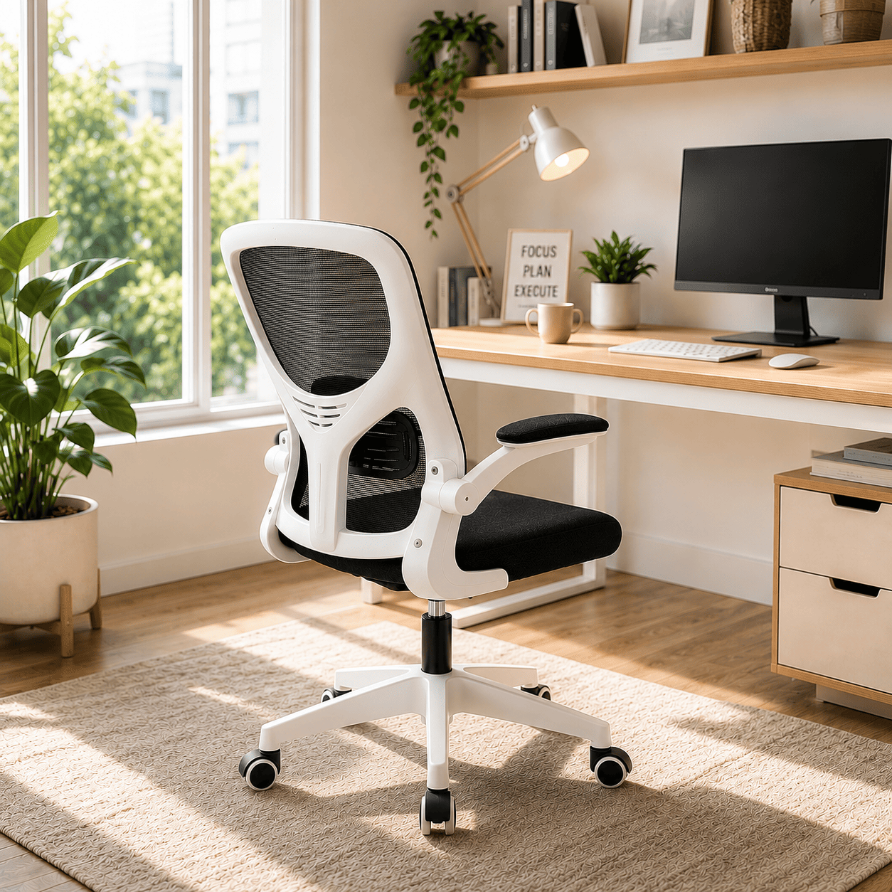 SILLA ERGONÓMICA DE OFICINA CON RESPALDO DE MALLA GIRATORIA AJUSTABLE BLANCO - 4