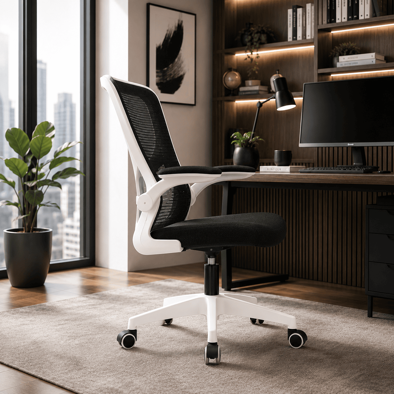 SILLA ERGONÓMICA DE OFICINA CON RESPALDO DE MALLA GIRATORIA AJUSTABLE BLANCO - 5