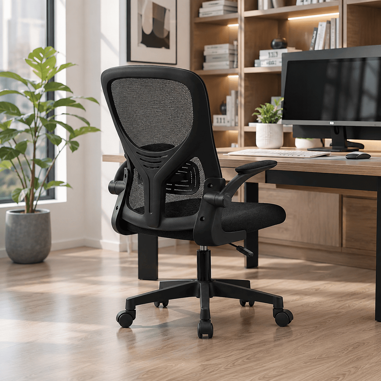 SILLA ERGONÓMICA DE OFICINA CON RESPALDO DE MALLA GIRATORIA AJUSTABLE NEGRA - 1