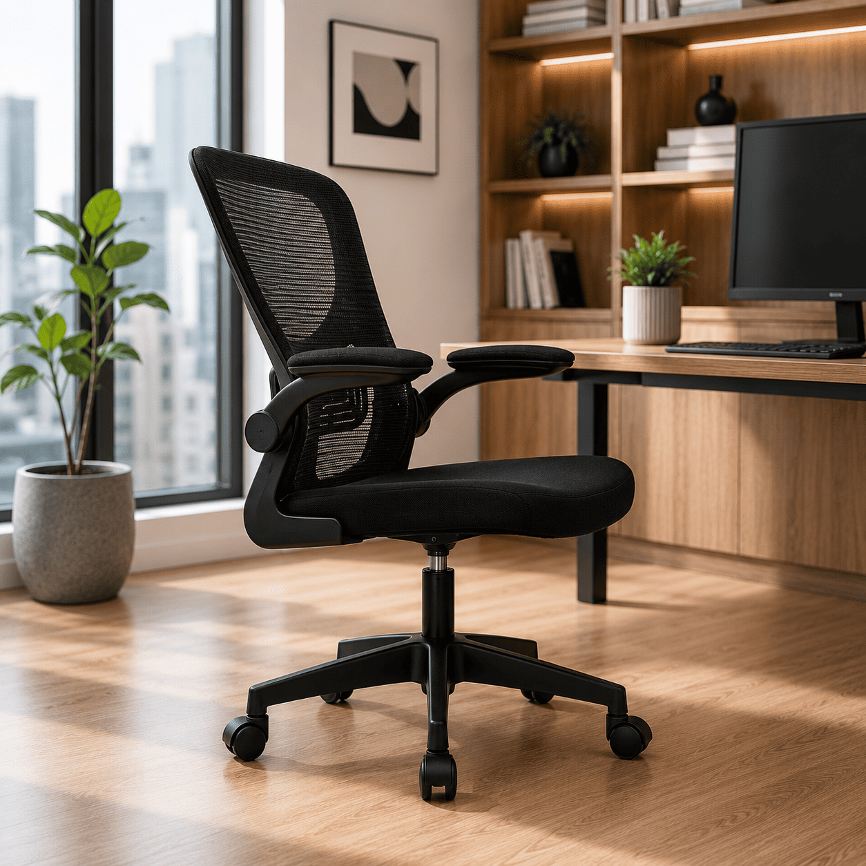SILLA ERGONÓMICA DE OFICINA CON RESPALDO DE MALLA GIRATORIA AJUSTABLE NEGRA - 2
