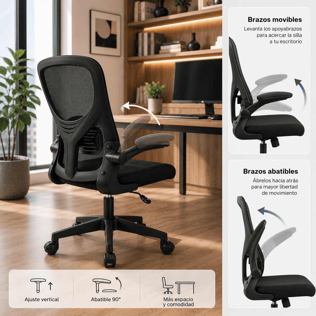 SILLA ERGONÓMICA DE OFICINA CON RESPALDO DE MALLA GIRATORIA AJUSTABLE NEGRA - 3