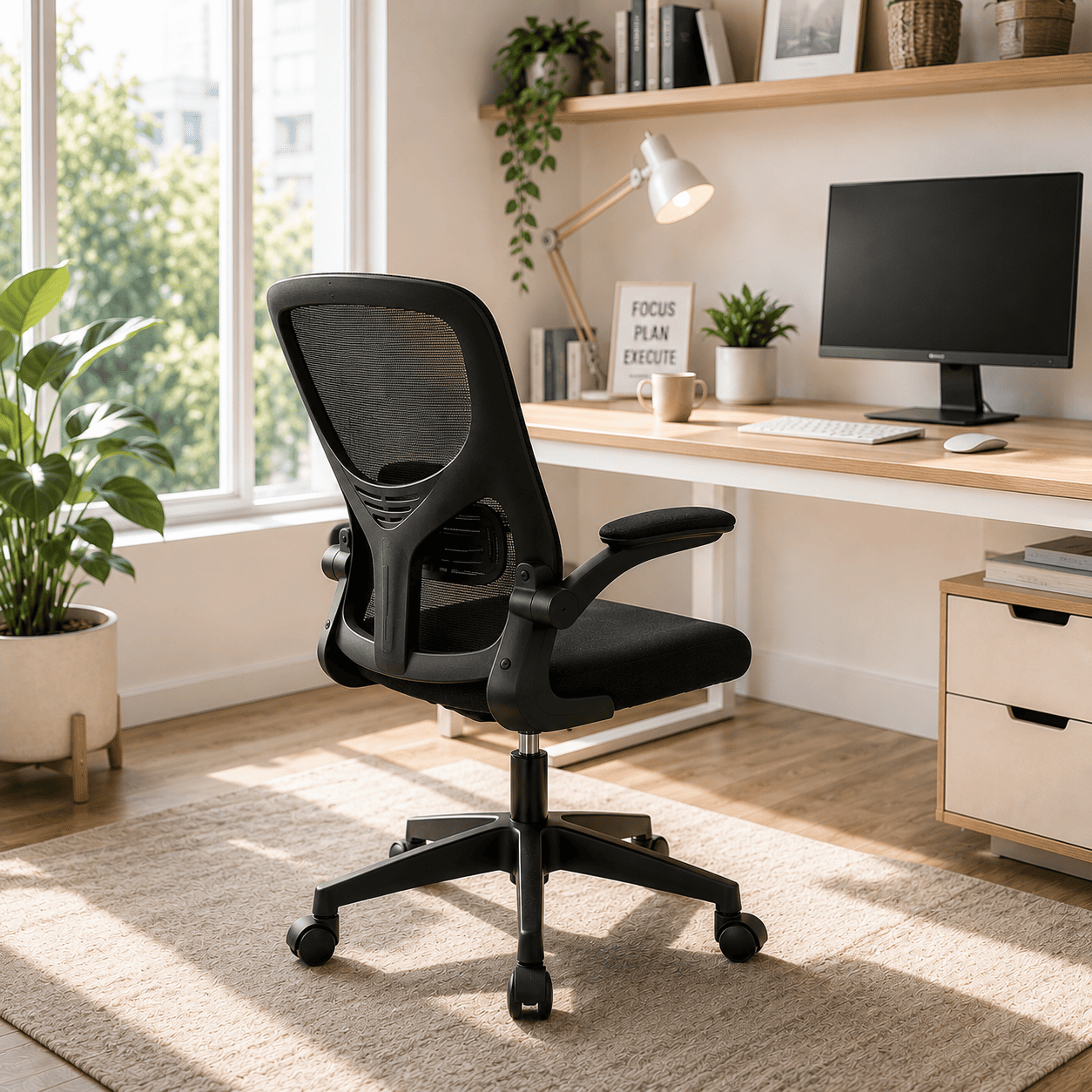 SILLA ERGONÓMICA DE OFICINA CON RESPALDO DE MALLA GIRATORIA AJUSTABLE NEGRA - 4