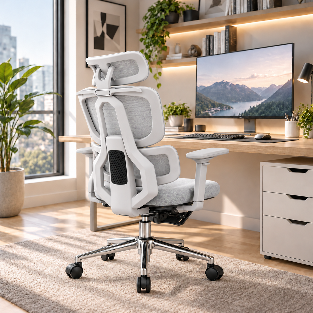 SILLA ERGONÓMICA RECLINABLE PARA OFICINA CON SOPORTE LUMBAR Y REPOSACABEZAS AJUSTABLE GRIS - 3