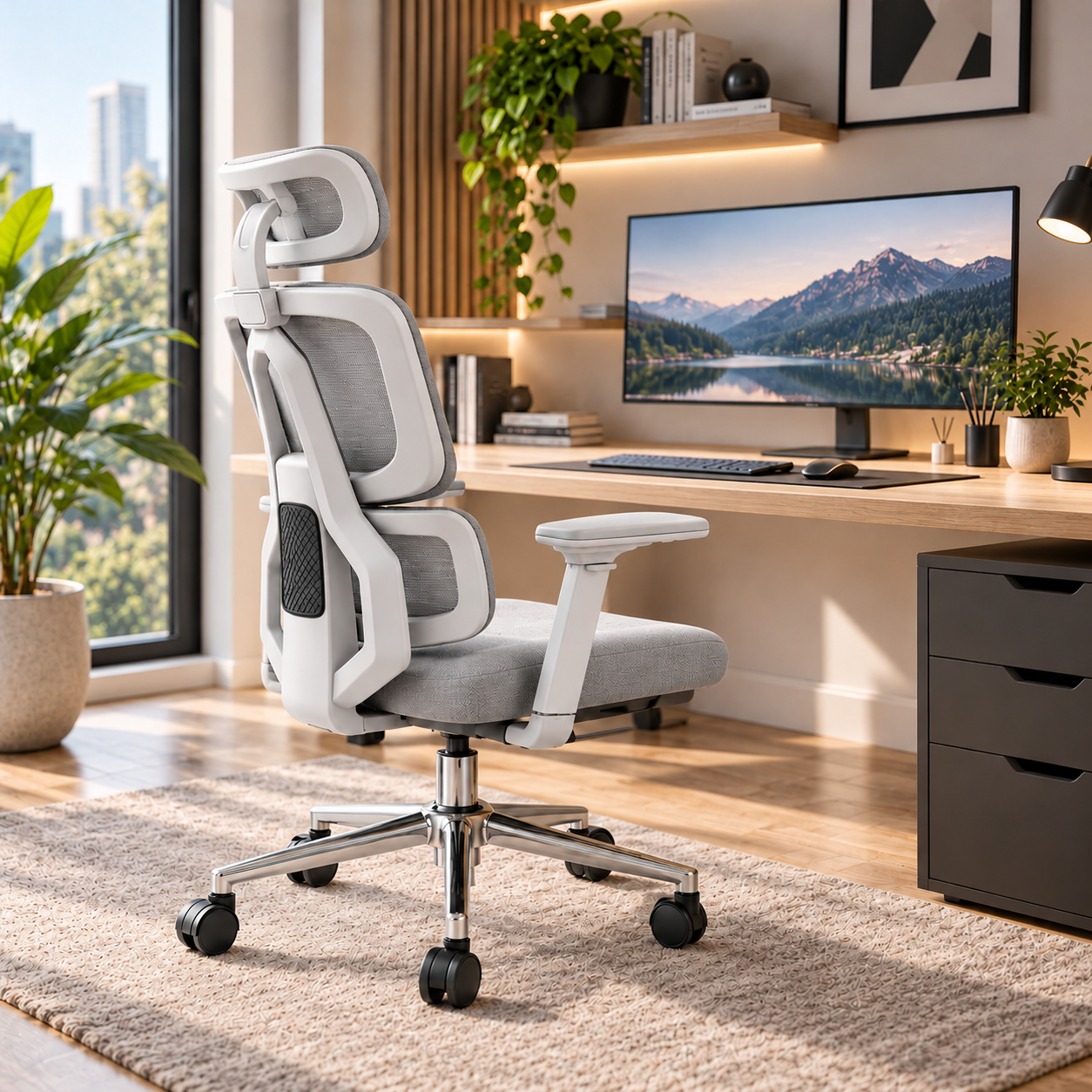 SILLA ERGONÓMICA RECLINABLE PARA OFICINA CON SOPORTE LUMBAR Y REPOSACABEZAS AJUSTABLE GRIS - 4
