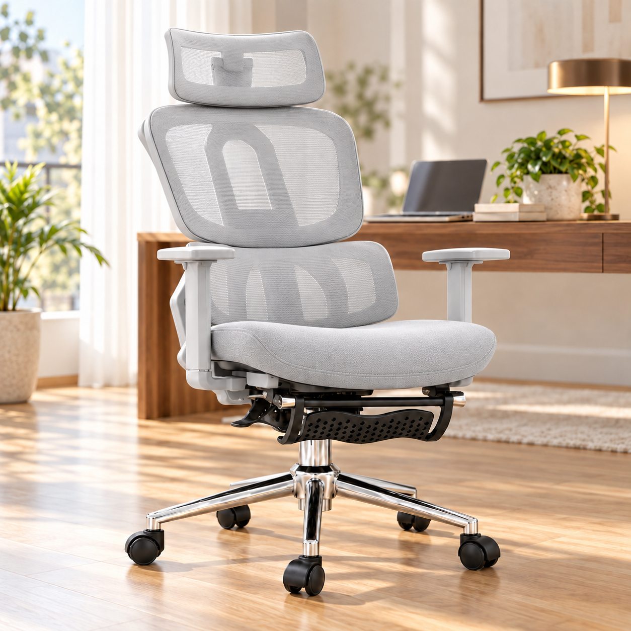 SILLA ERGONÓMICA RECLINABLE PARA OFICINA CON SOPORTE LUMBAR Y REPOSACABEZAS AJUSTABLE GRIS - 7