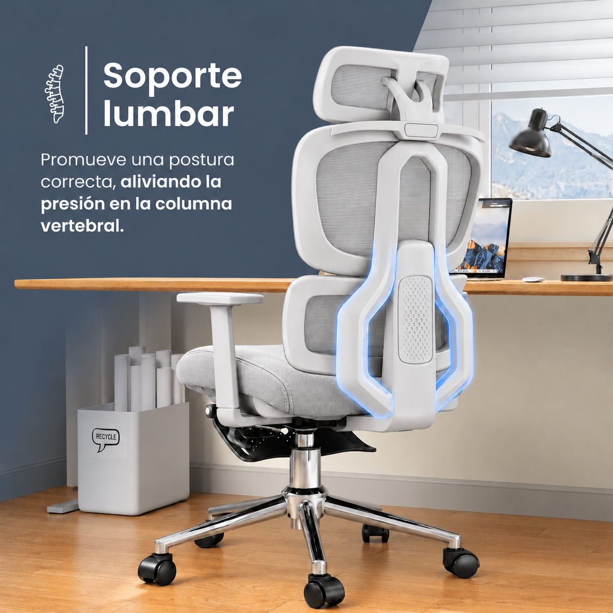 SILLA ERGONÓMICA RECLINABLE PARA OFICINA CON SOPORTE LUMBAR Y REPOSACABEZAS AJUSTABLE GRIS - 8