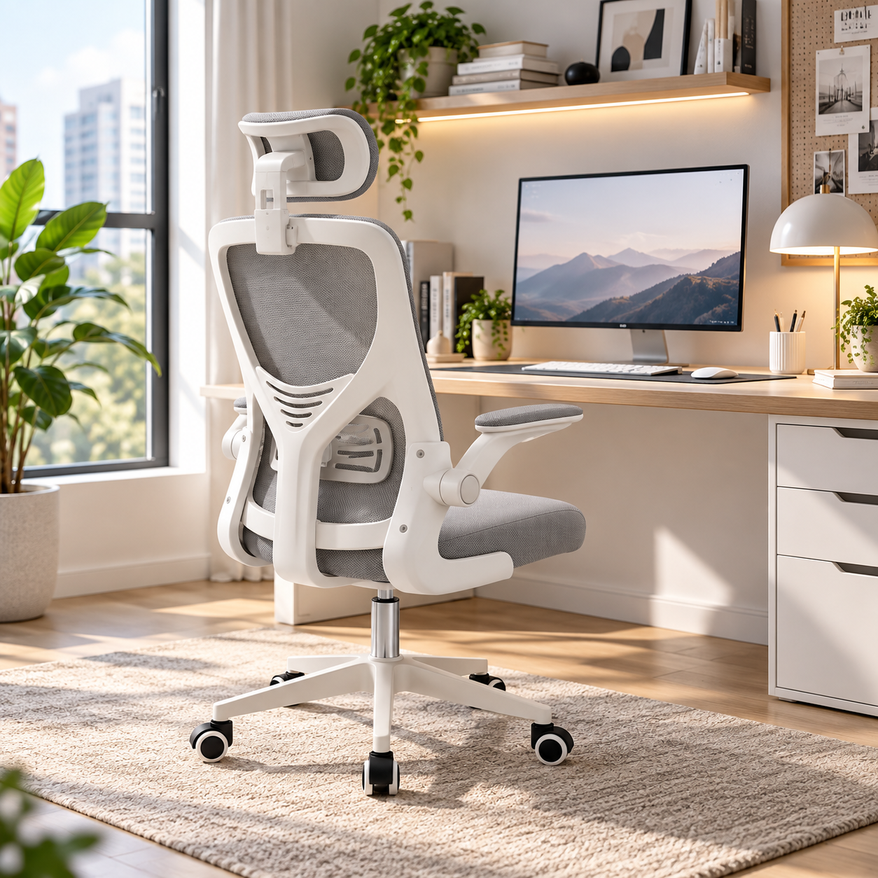SILLA ERGONÓMICA PARA OFICINA ESCRITORIO REPOSACABEZAS SOPORTE LUMBAR AJUSTABLE GIRATORIA - BLANCO - 2