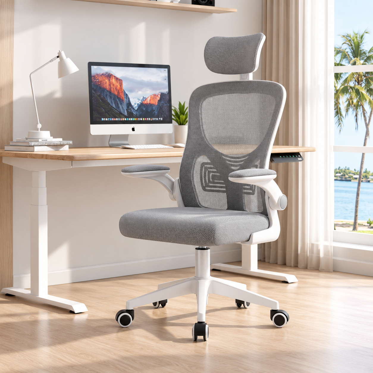 SILLA ERGONÓMICA PARA OFICINA ESCRITORIO REPOSACABEZAS SOPORTE LUMBAR AJUSTABLE GIRATORIA - BLANCO - 3