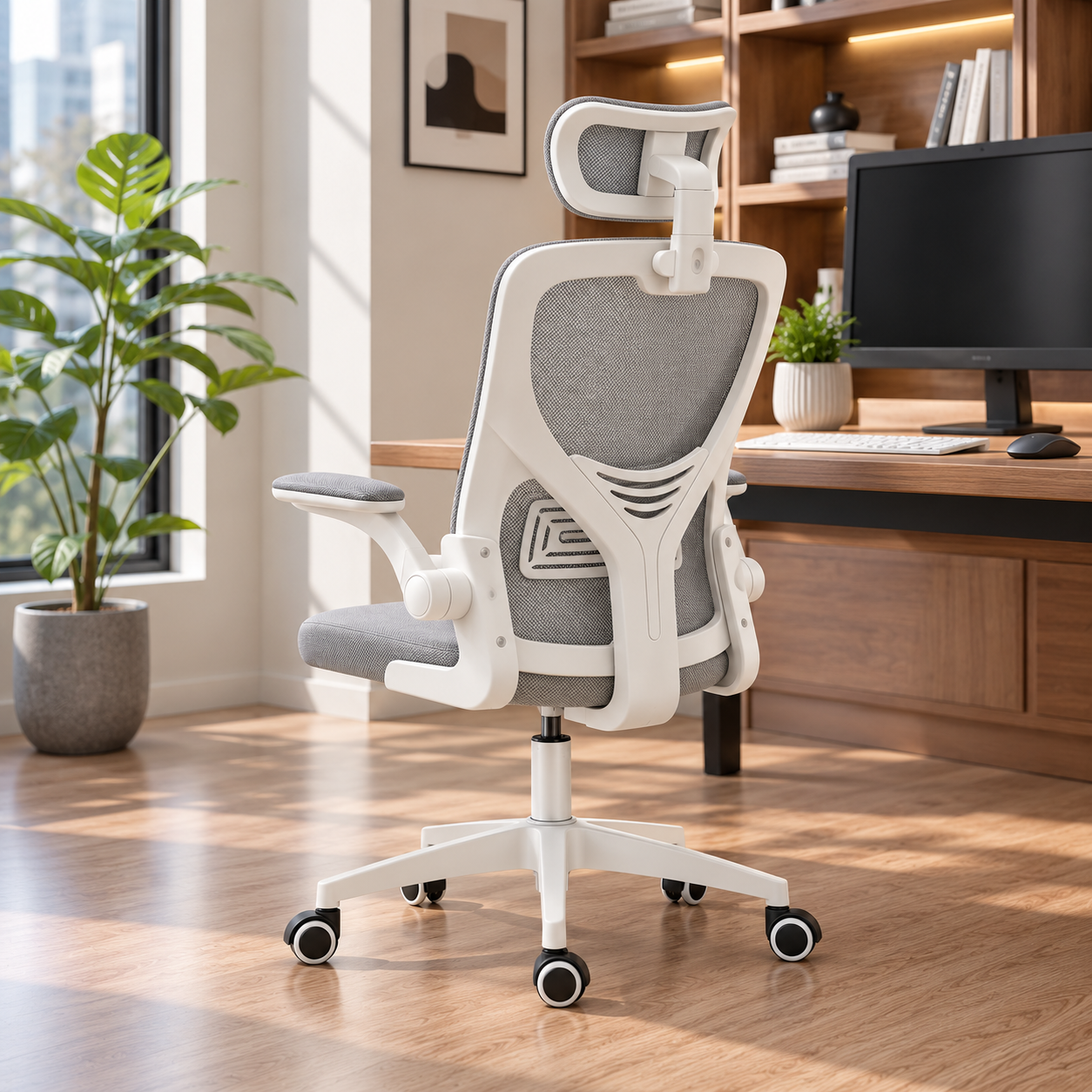 SILLA ERGONÓMICA PARA OFICINA ESCRITORIO REPOSACABEZAS SOPORTE LUMBAR AJUSTABLE GIRATORIA - BLANCO - 6