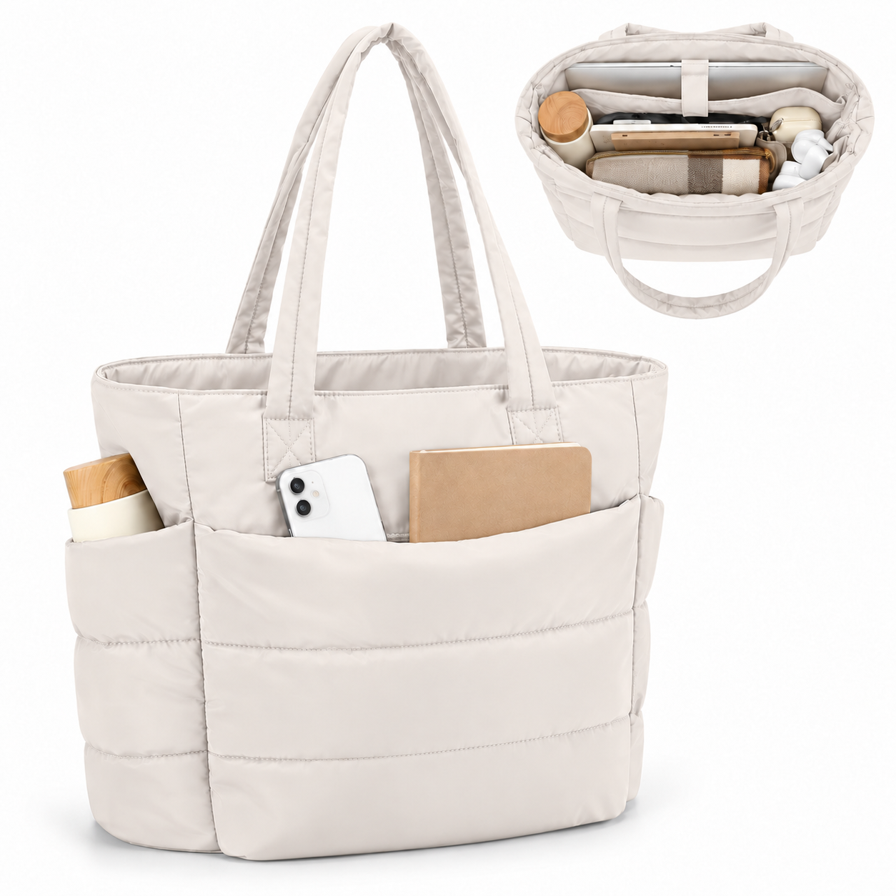 BOLSO TOTE ACOLCHADO PARA MUJER PORTA LAPTOP CON CIERRE CARTERA PUFFER - 3