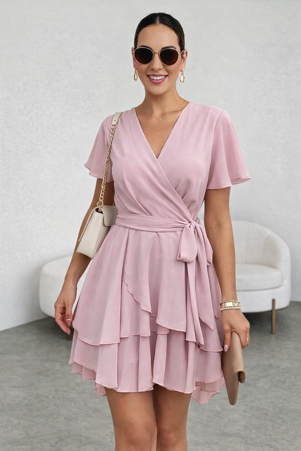 VESTIDO GASA PALO ROSA CON LAZO - 1