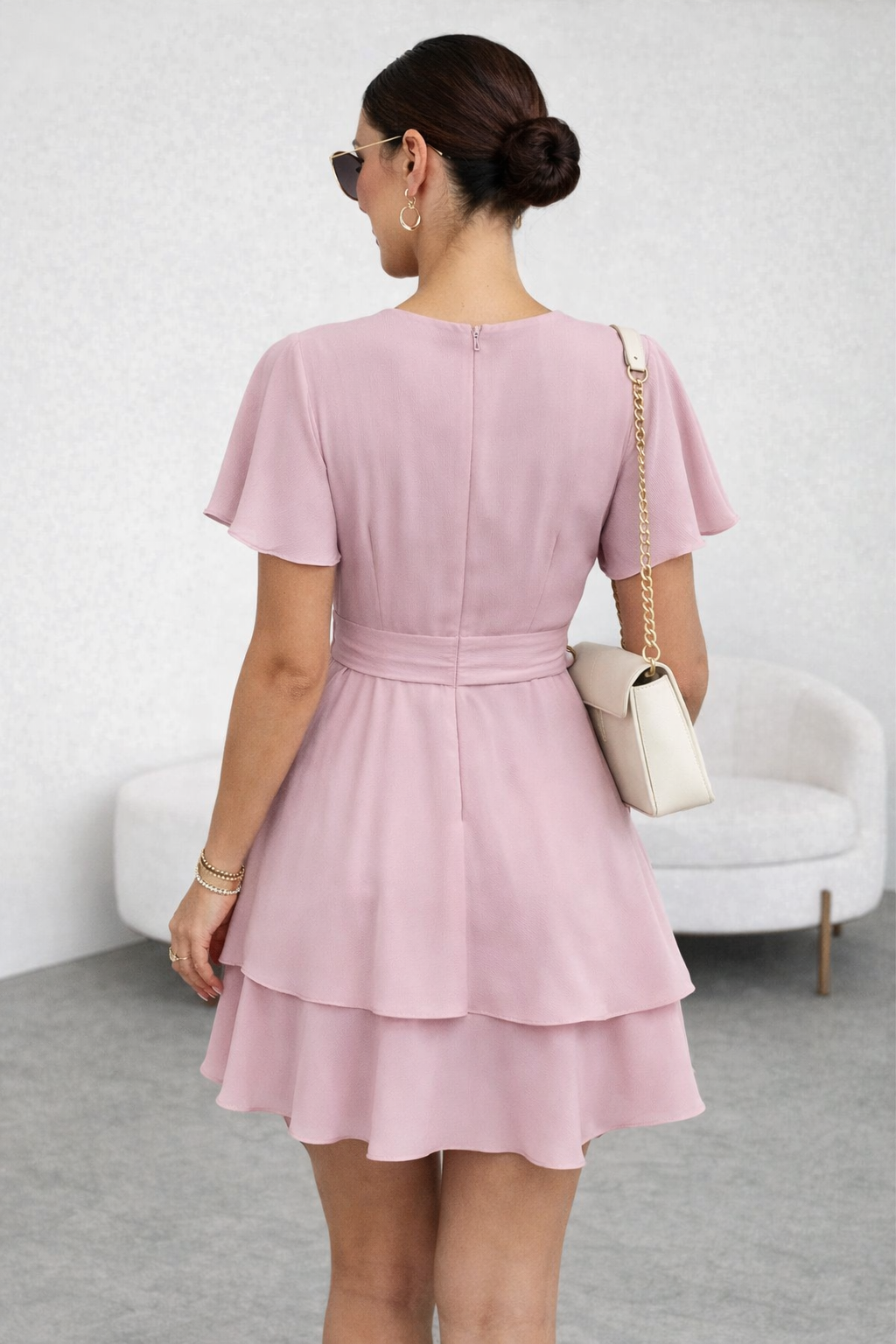 VESTIDO GASA PALO ROSA CON LAZO - 4