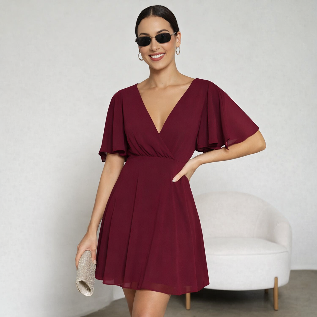 VESTIDO GASA CLÁSICO ROJO VINO - 1