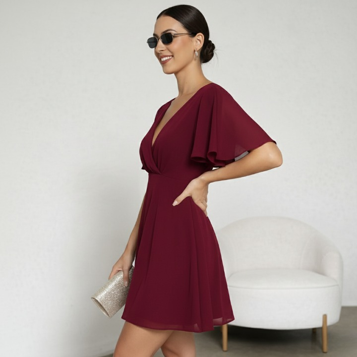 VESTIDO GASA CLÁSICO ROJO VINO - 3
