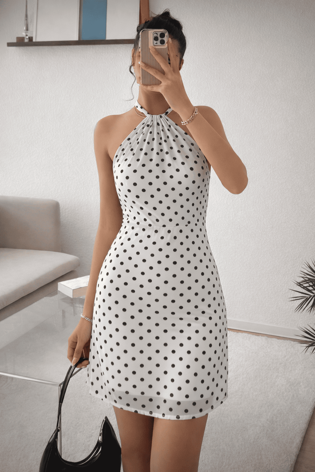 VESTIDO GASA COCTEL PUNTOS BLANCO Y NEGRO - 1