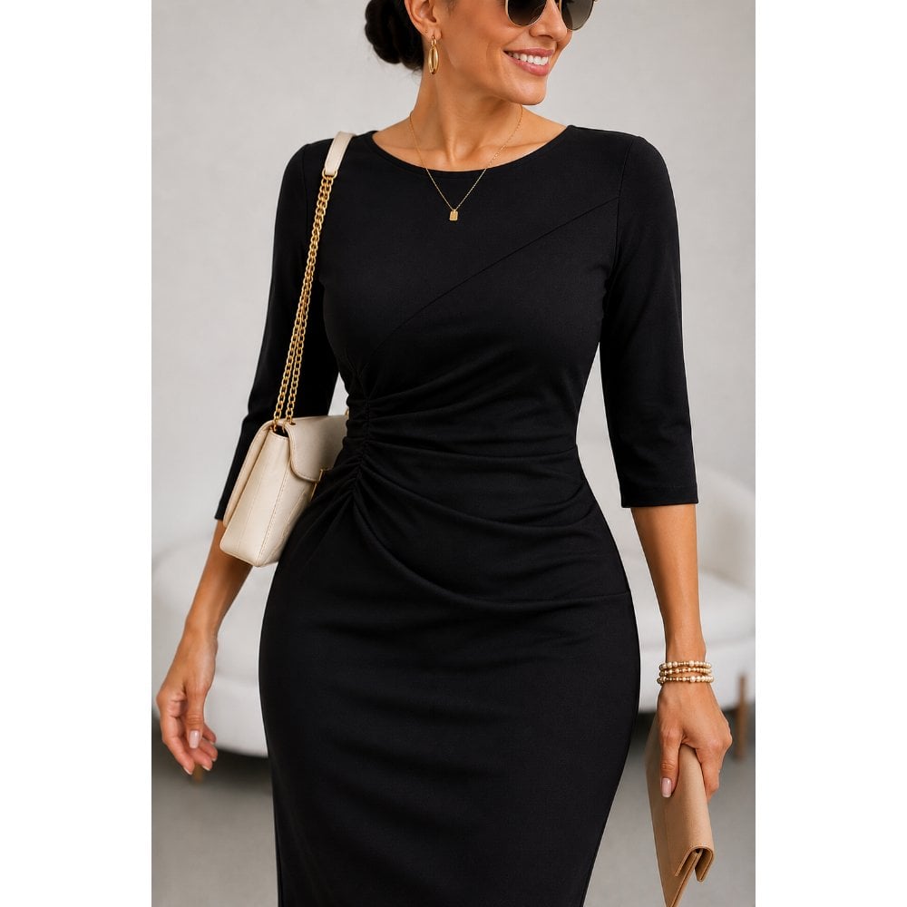 VESTIDO ELEGANTE DRAPEADO EN CINTURA NEGRO - 2
