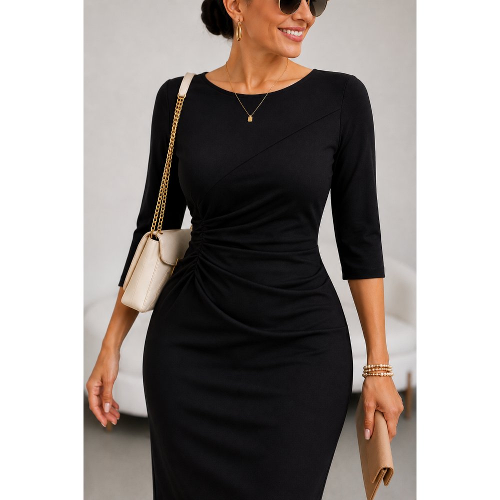 VESTIDO ELEGANTE DRAPEADO EN CINTURA NEGRO - 2