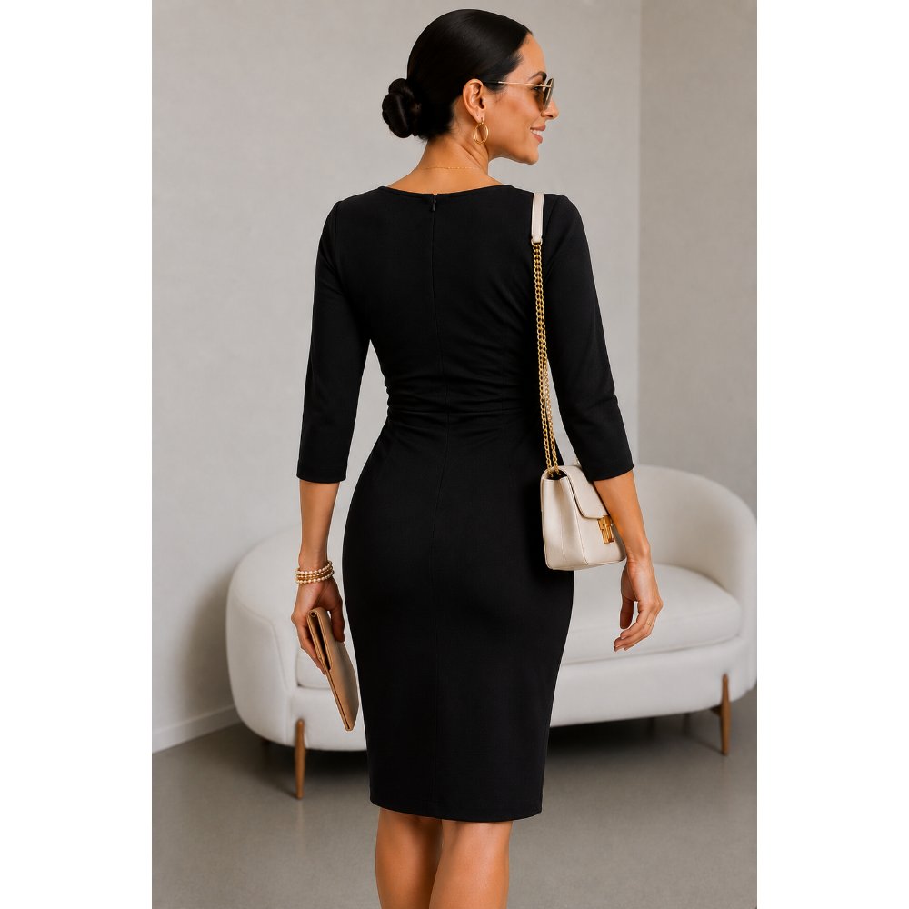 VESTIDO ELEGANTE DRAPEADO EN CINTURA NEGRO - 4