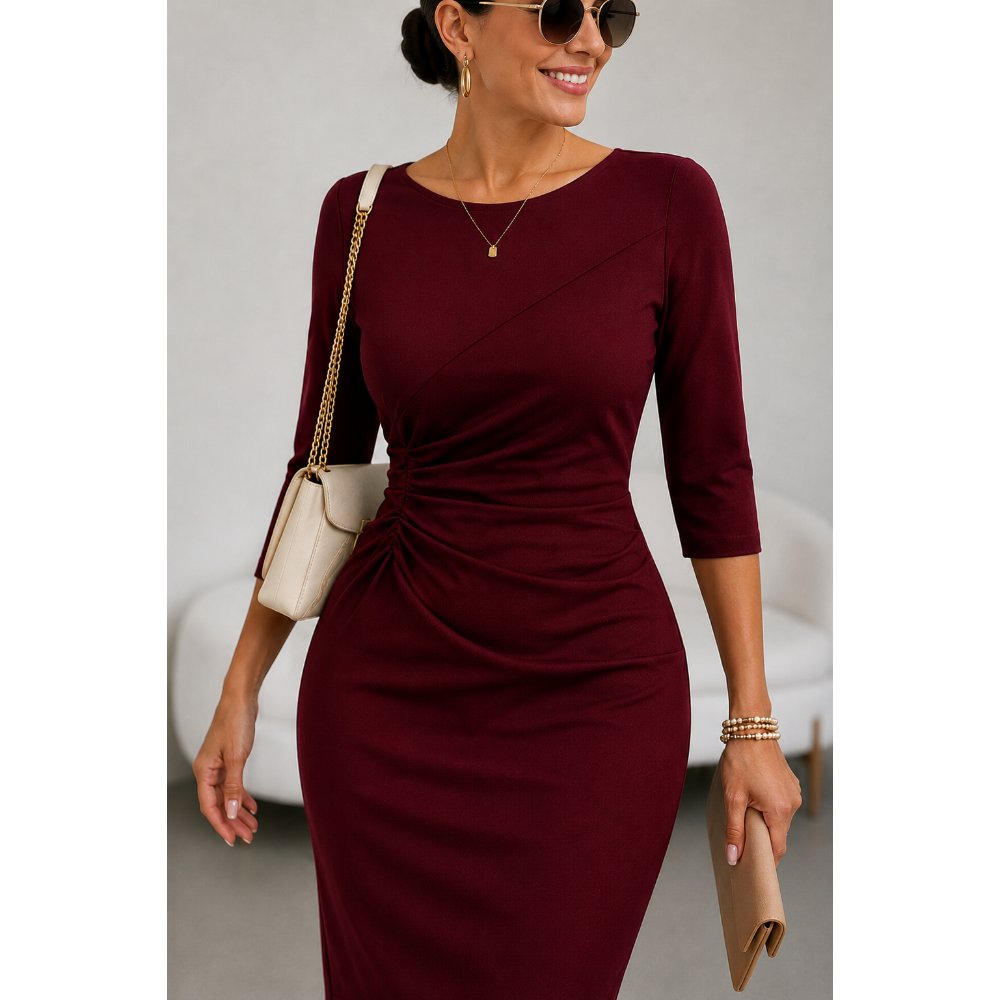 VESTIDO ELEGANTE DRAPEADO EN CINTURA ROJO VINO - 2