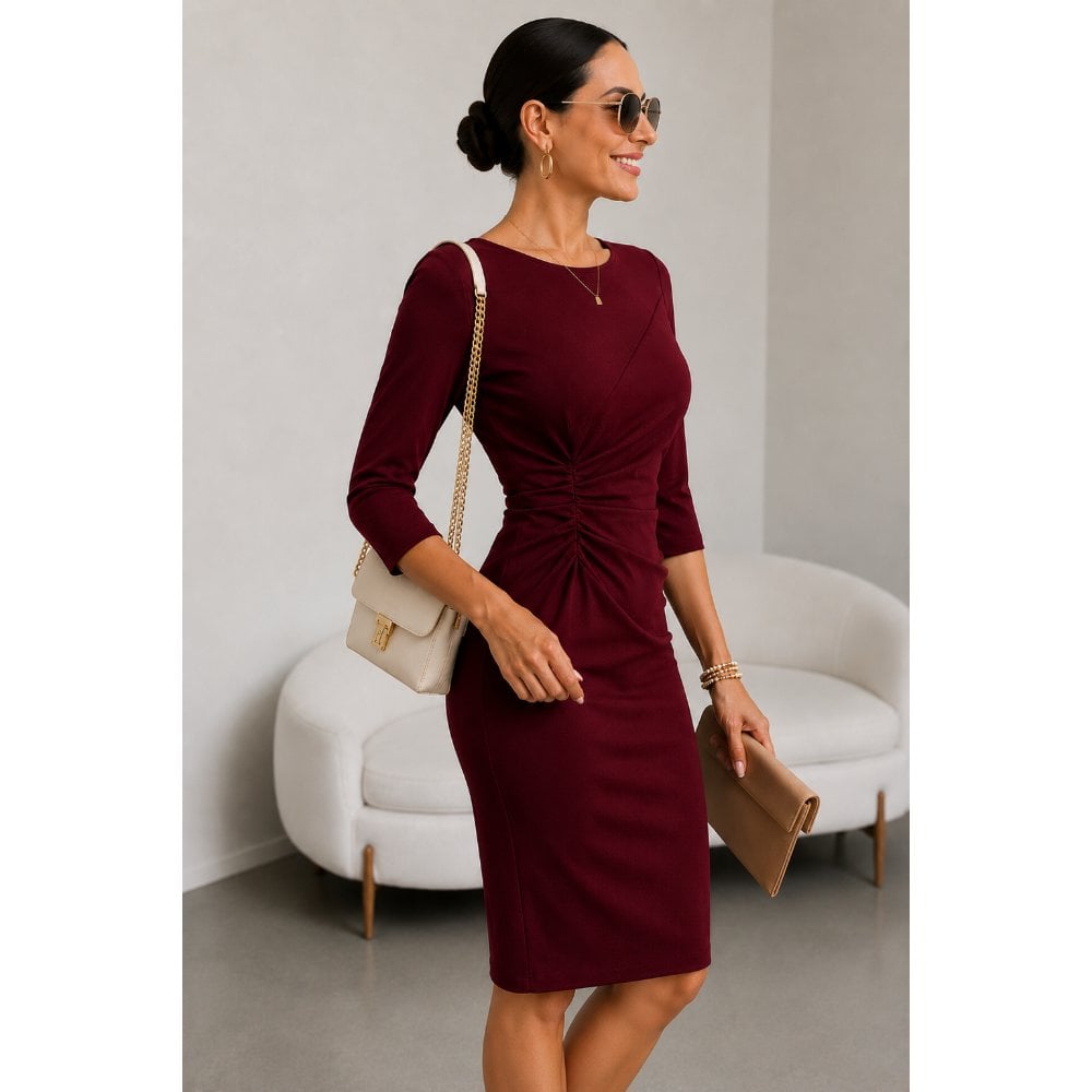 VESTIDO ELEGANTE DRAPEADO EN CINTURA ROJO VINO - 3