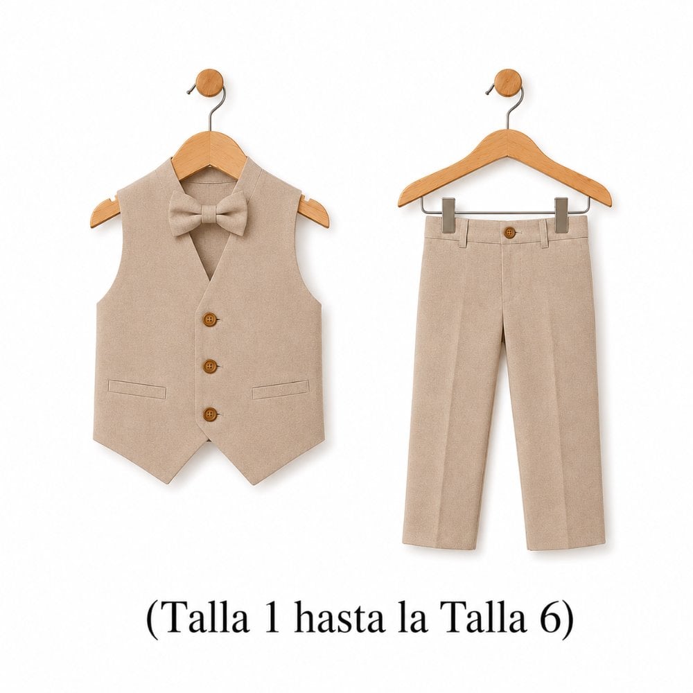 TERNO BEIGE PARA NIÑO PANTALÓN, CHALECO Y CORBATA - 2