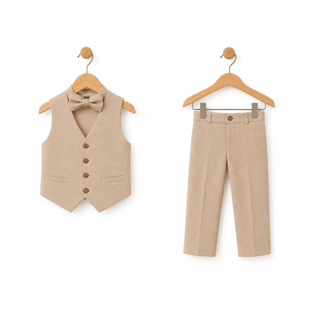 CONJUNTO BAUTIZO BEIGE TRAJE FORMAL PANTALÓN, CHALECO Y CORBATA - 2
