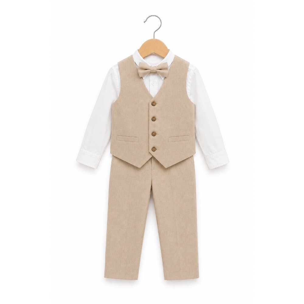 CONJUNTO BAUTIZO BEIGE TRAJE FORMAL PANTALÓN, CHALECO Y CORBATA - 3