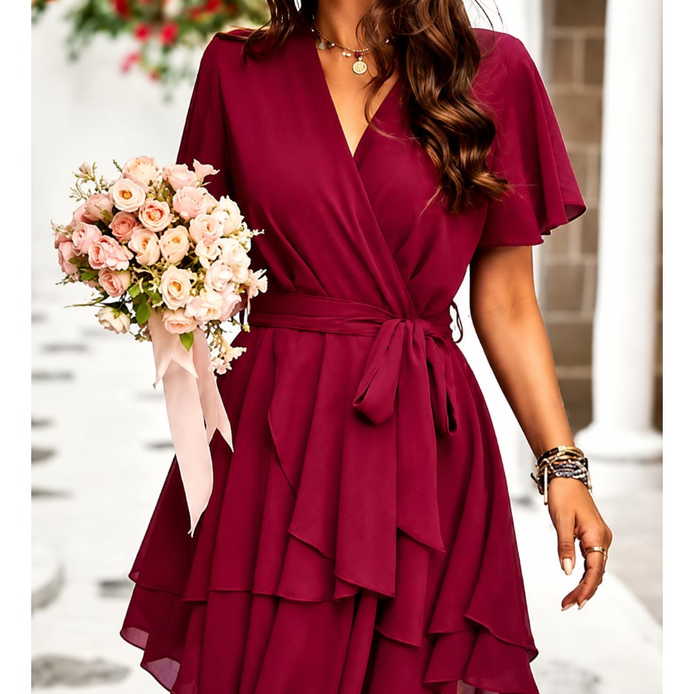 VESTIDO CÓCTEL GASA ROJO VINO - 1