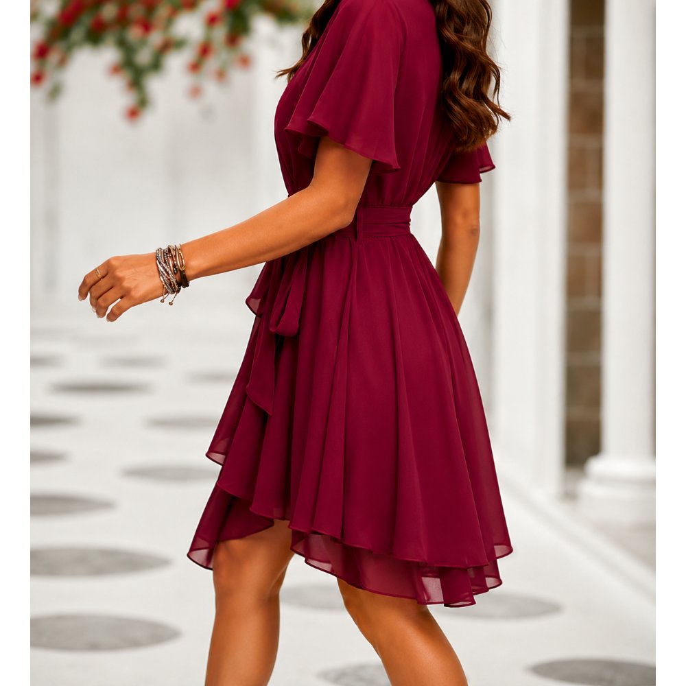 VESTIDO CÓCTEL GASA ROJO VINO - 3