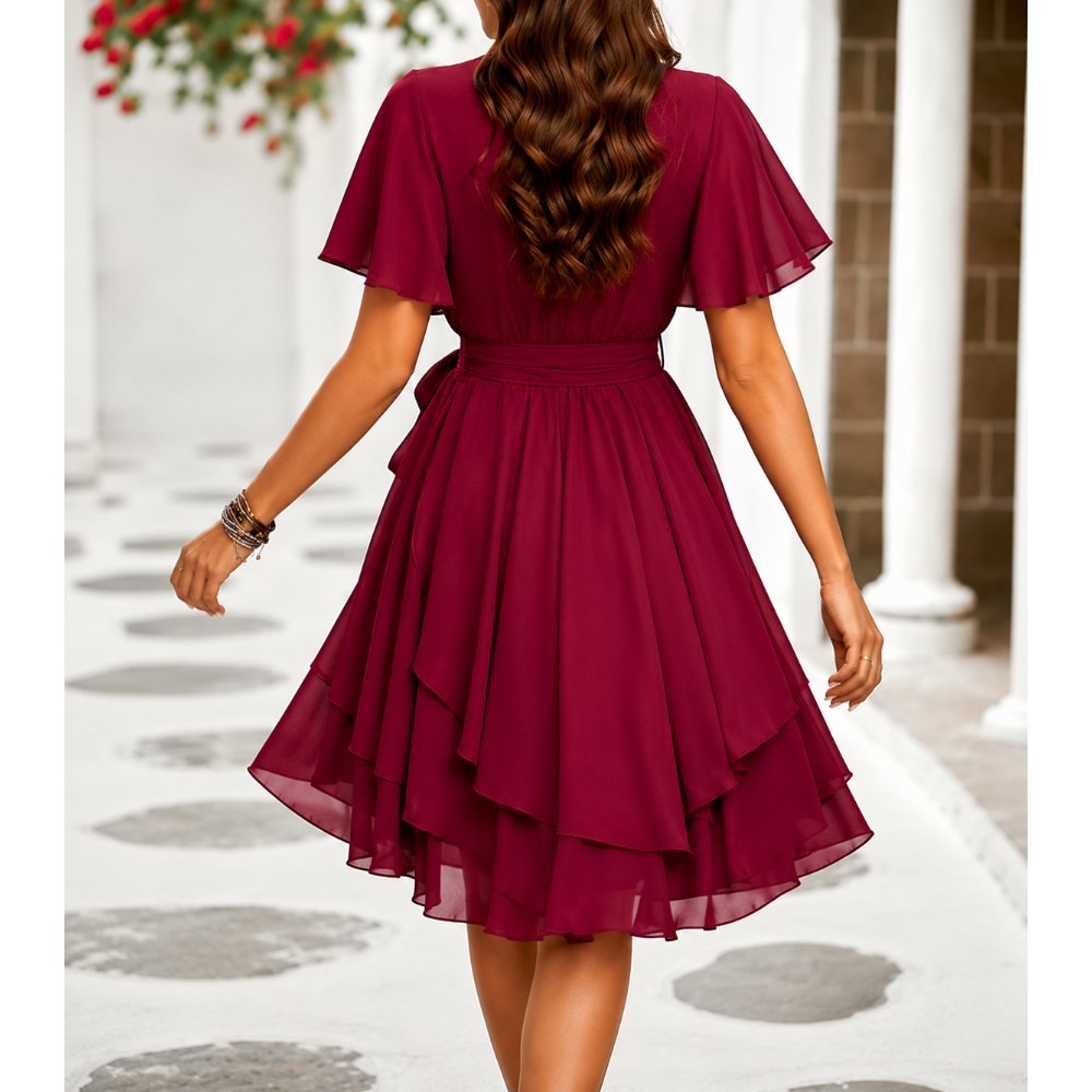 VESTIDO CÓCTEL GASA ROJO VINO - 4