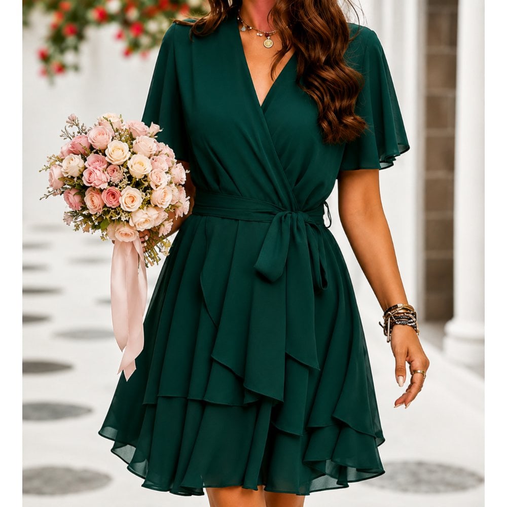 VESTIDO CÓCTEL GASA VERDE BOTELLA - 1