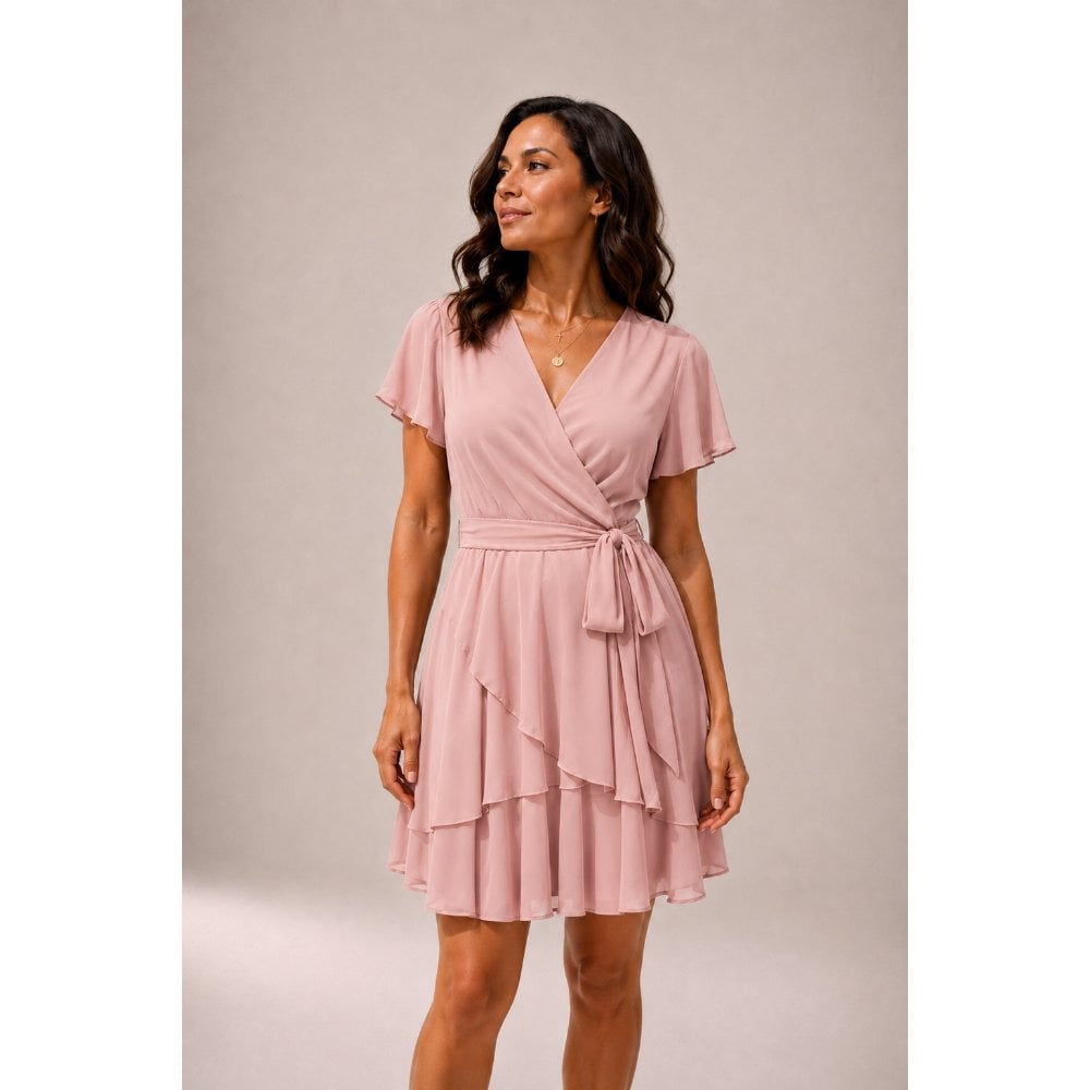 VESTIDO CÓCTEL CRUZADO CON LAZO PALO ROSA - 1