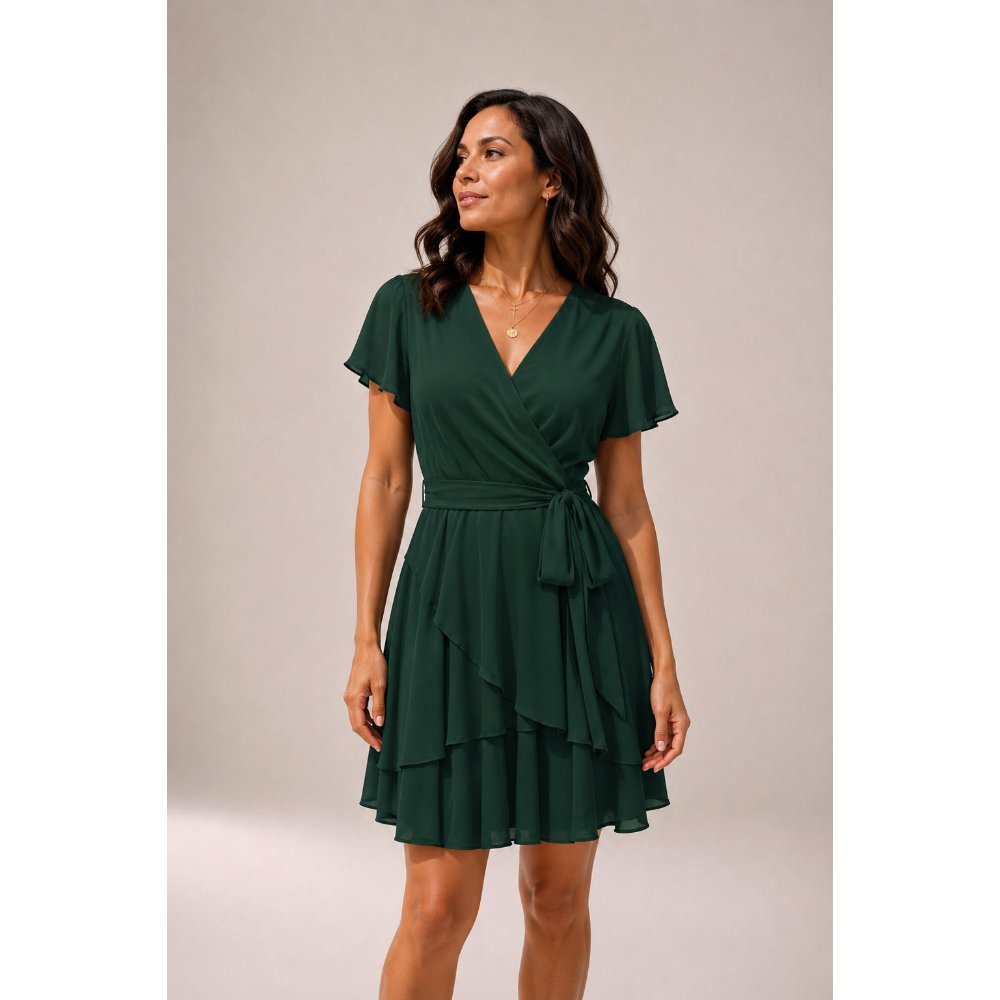 VESTIDO CÓCTEL CRUZADO CON LAZO VERDE BOTELLA - 1