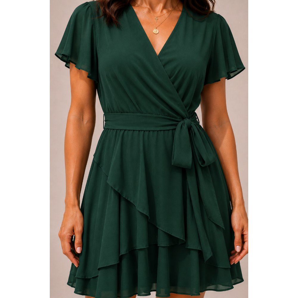 VESTIDO CÓCTEL CRUZADO CON LAZO VERDE BOTELLA - 2