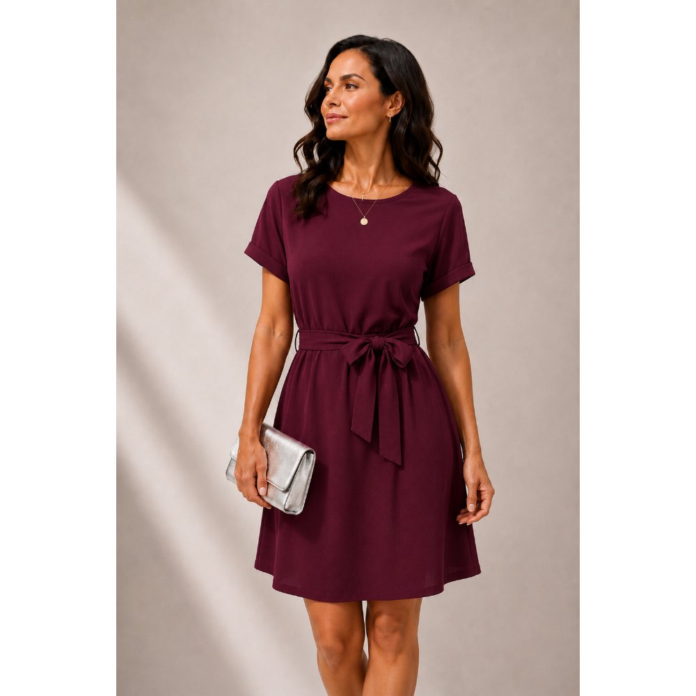 VESTIDO CASUAL CON LAZO SCUBA GUINDA - 1