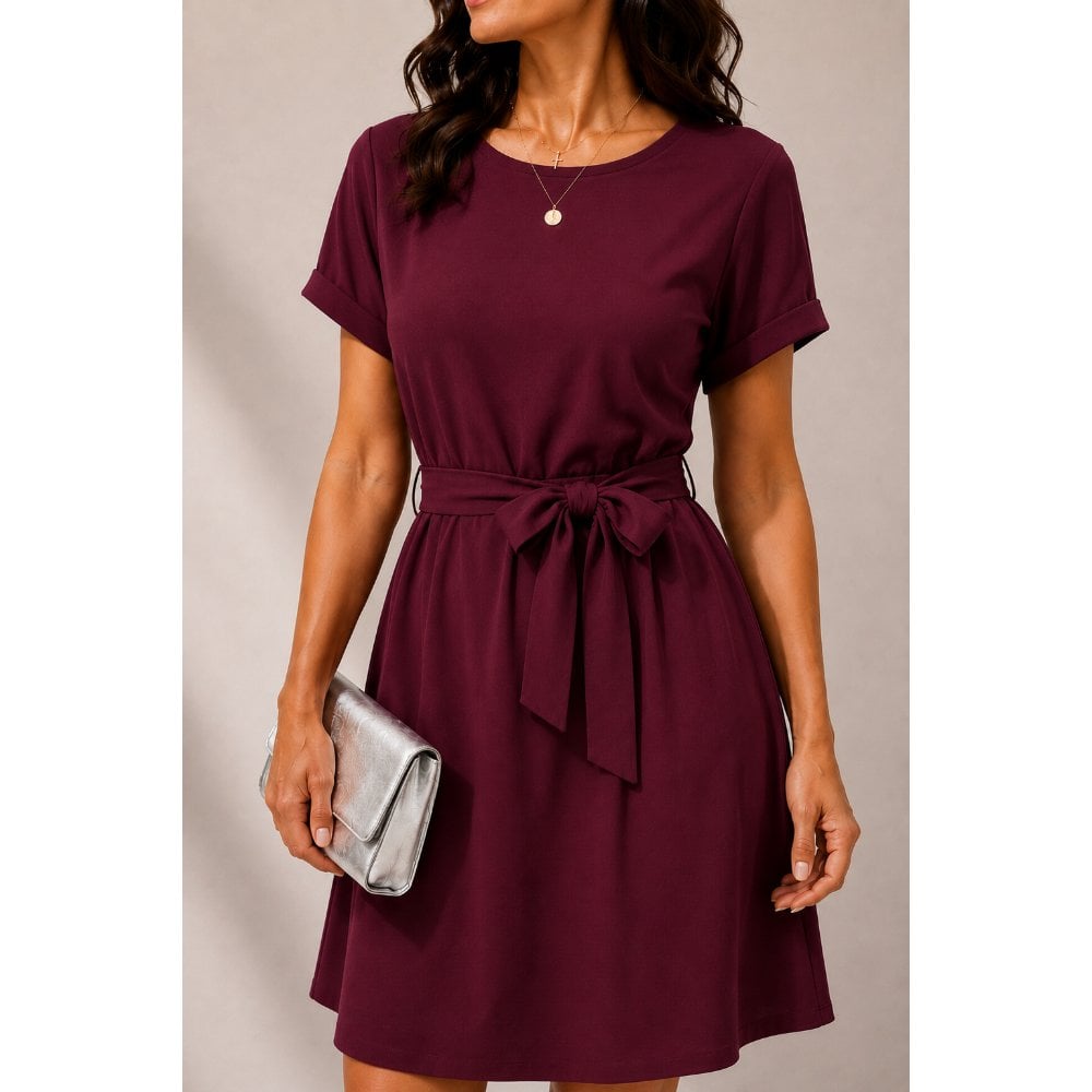 VESTIDO CASUAL CON LAZO SCUBA GUINDA - 2