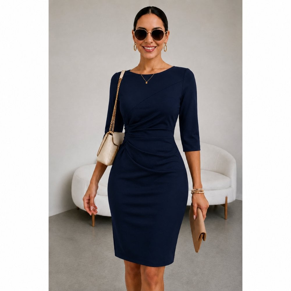 VESTIDO ELEGANTE DRAPEADO EN CINTURA AZUL MARINO - 1