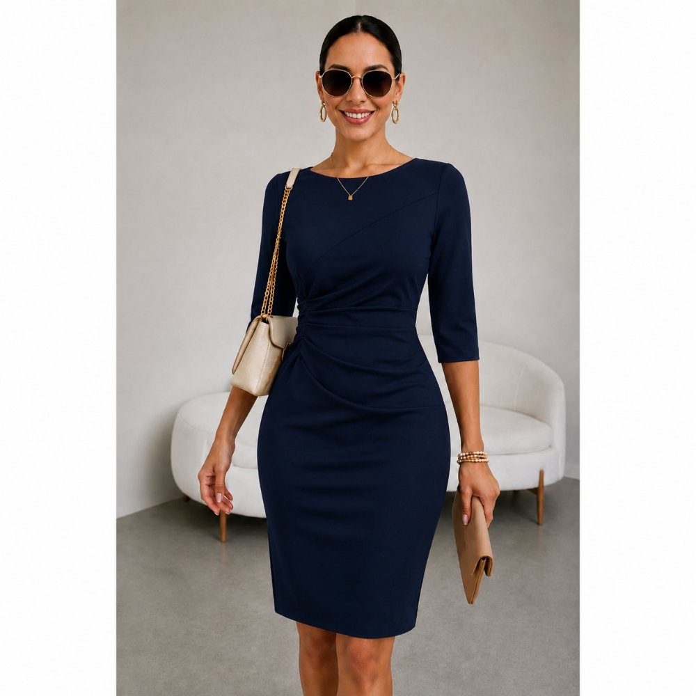 VESTIDO ELEGANTE DRAPEADO EN CINTURA AZUL MARINO - 1