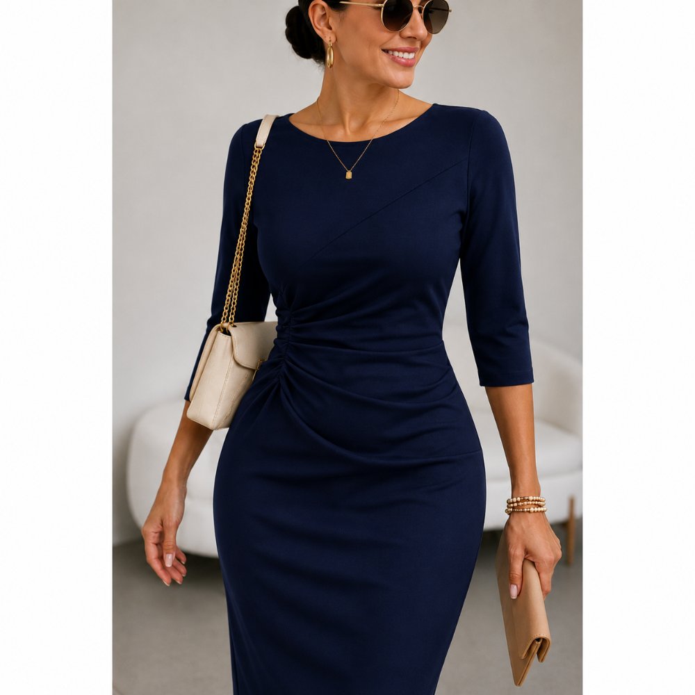 VESTIDO ELEGANTE DRAPEADO EN CINTURA AZUL MARINO - 2