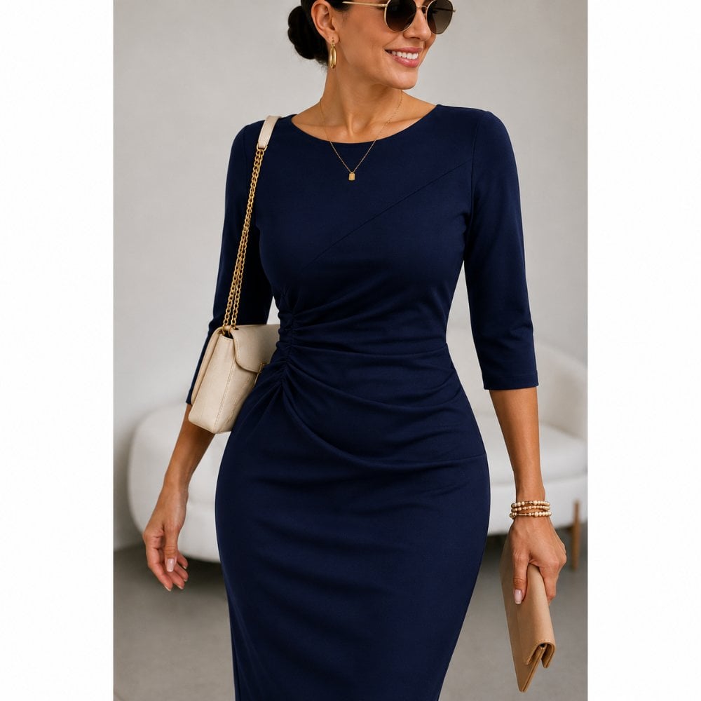 VESTIDO ELEGANTE DRAPEADO EN CINTURA AZUL MARINO - 2