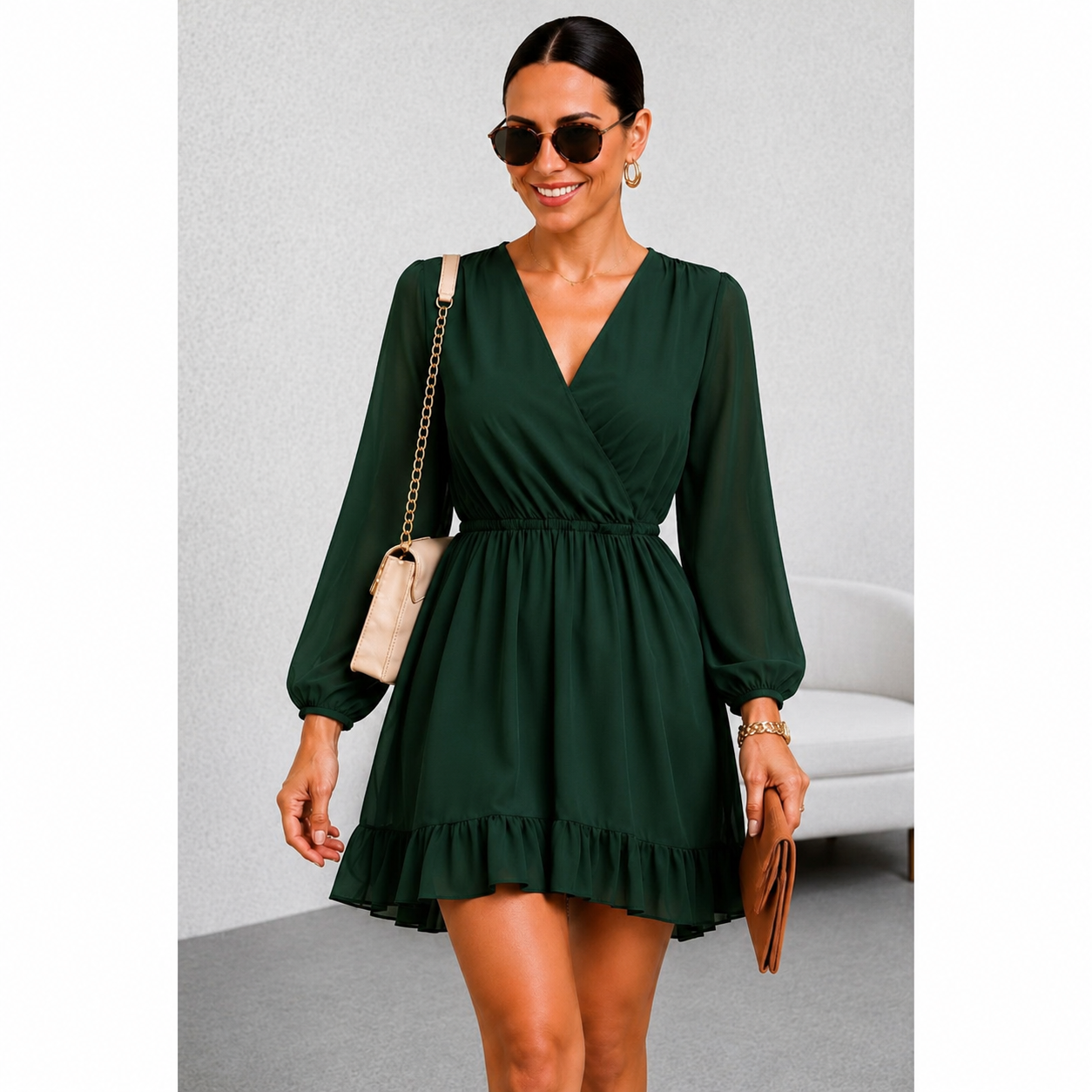VESTIDO GASA MANGA LARGA VERDE BOTELLA - 1