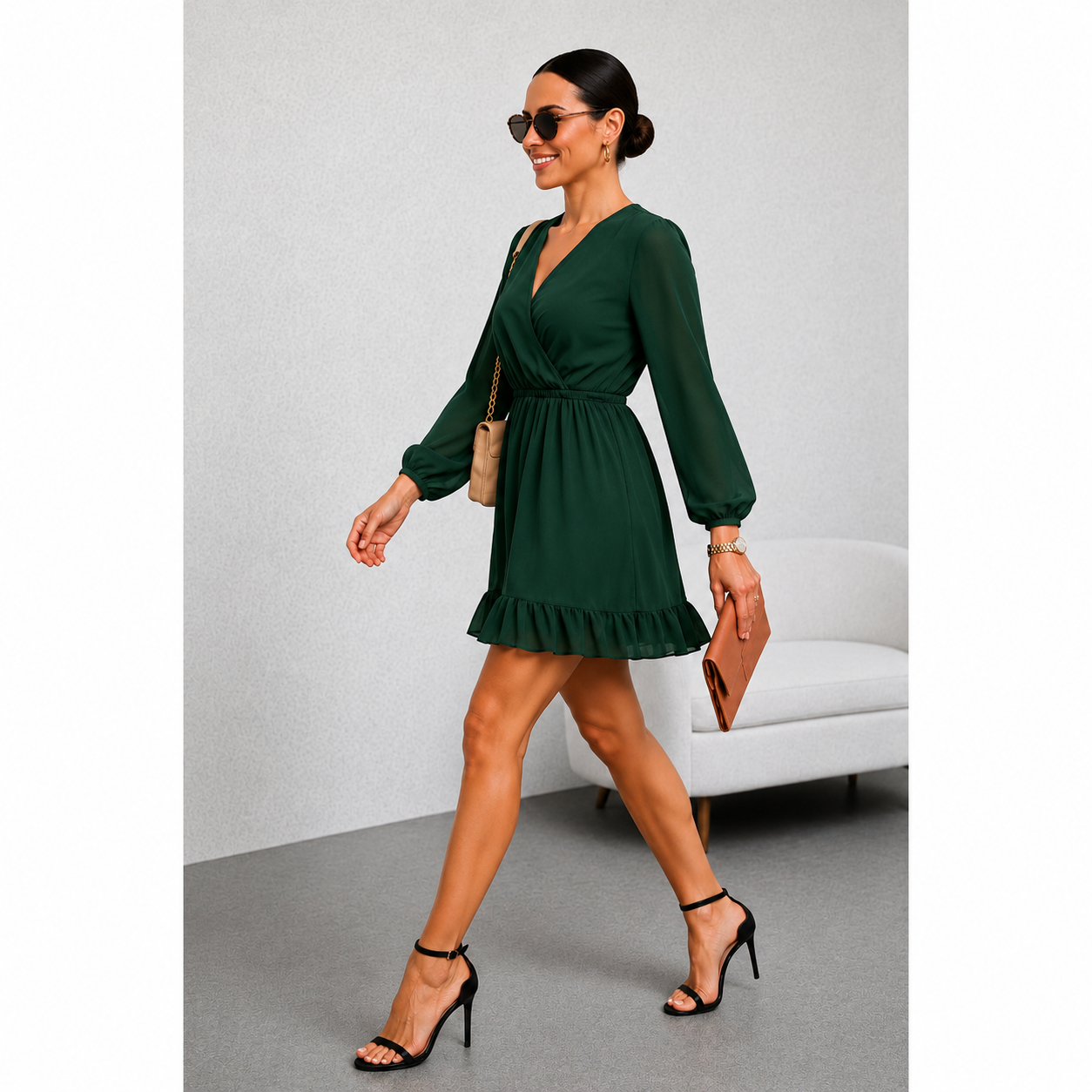 VESTIDO GASA MANGA LARGA VERDE BOTELLA - 3