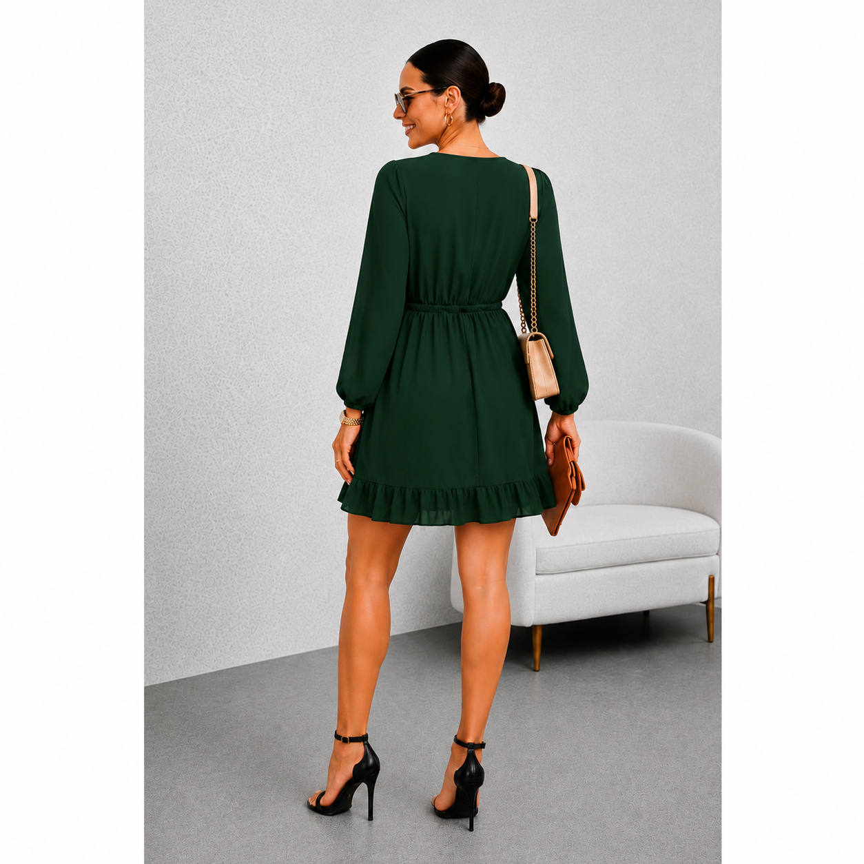 VESTIDO GASA MANGA LARGA VERDE BOTELLA - 4
