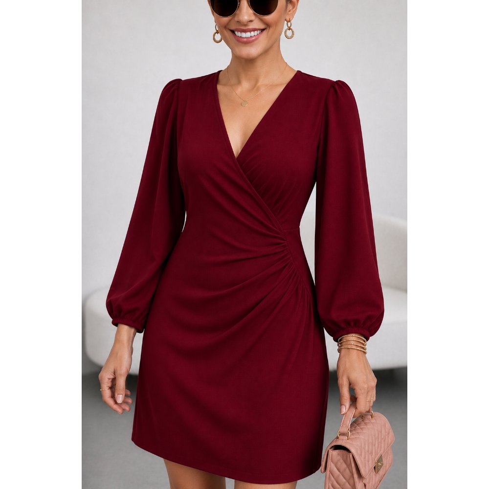 VESTIDO CÓCTEL SEDA CON CORRUGADO ROJO VINO - 2