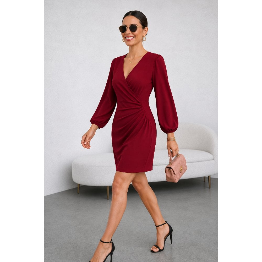 VESTIDO CÓCTEL SEDA CON CORRUGADO ROJO VINO - 3