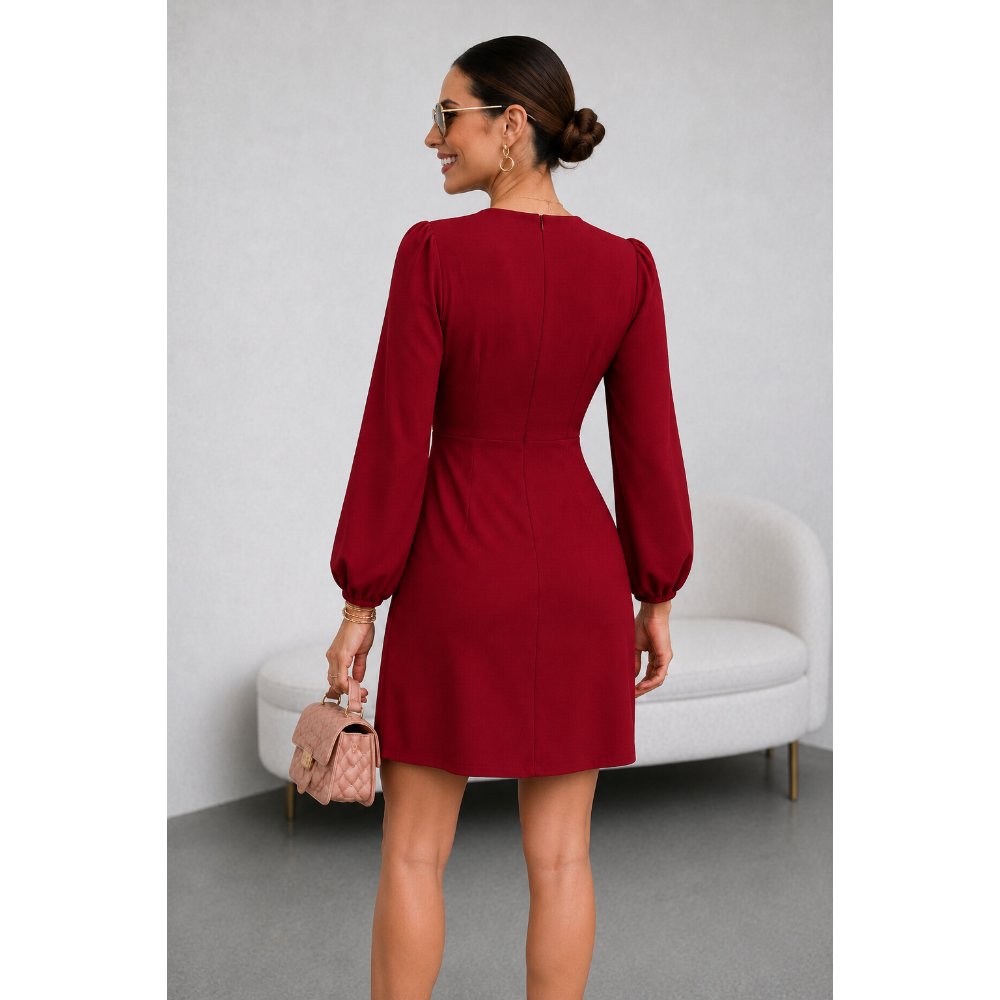 VESTIDO CÓCTEL SEDA CON CORRUGADO ROJO VINO - 4